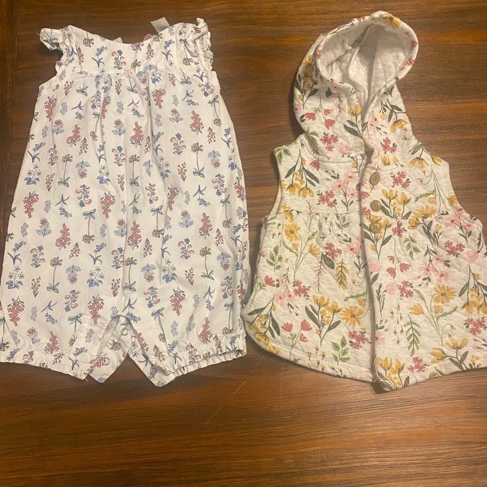 Baby Girl Bundle of Two, 18 months, Quilted Vest with Hood and Romper